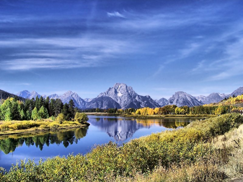 Mountain Range Reflection — Blue, Serene, Autumn, Photograph, River