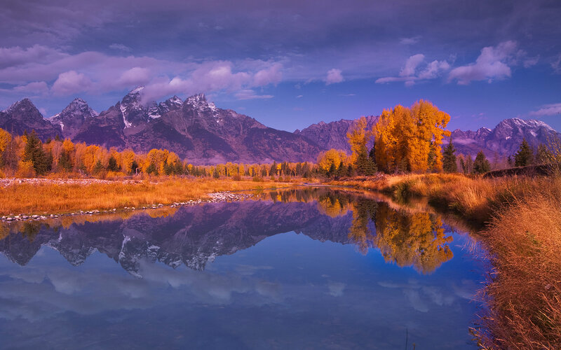 Mountain Range Reflection — Blue, Serene, Autumn, Photograph, River, Trees, Clouds