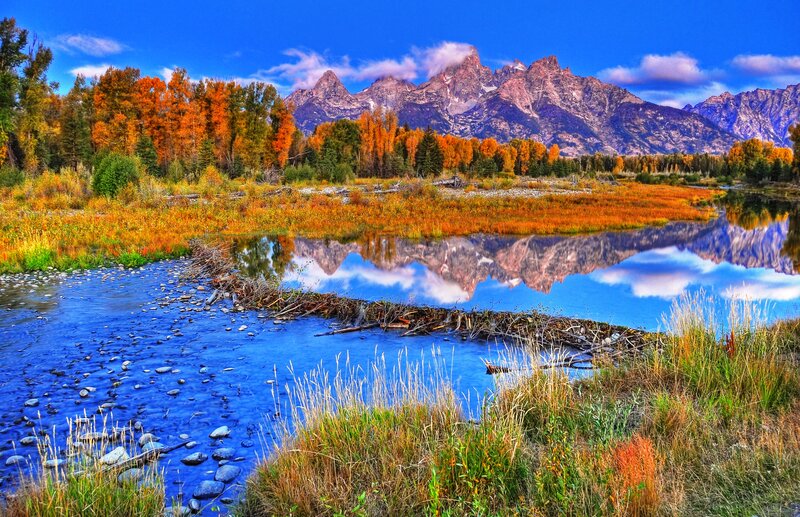 Mountain Range Reflection — Blue, Serene, Autumn, Photograph, River, Trees, Mountains