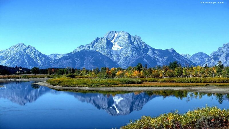 Mountain Range Reflection — Blue, Serene, Autumn, Photograph, River, Trees, Snow