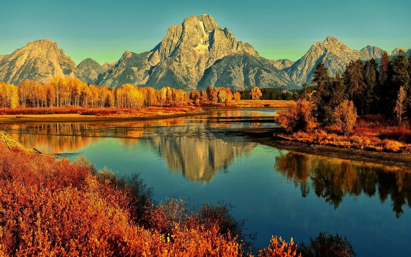 Mountain Range Reflection — Blue, Serene, Autumn, Photograph, River, Trees