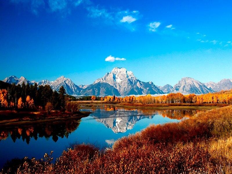 Mountain Range Reflection — Blue, Serene, Autumn, Photograph