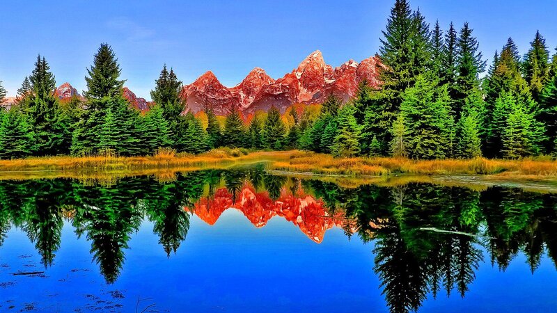 Mountain Range Reflection — Blue, Serene, Autumn, Photograph, Trees, Lake