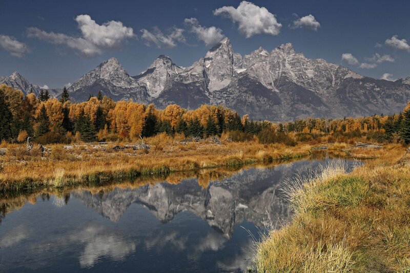 Mountain Range Reflection — Blue, Serene, Autumn, Photograph, Trees, River