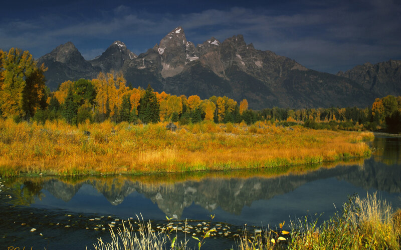 Mountain Range Reflection — Blue, Serene, Autumn, Photograph, Trees