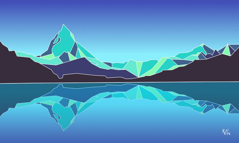 Mountain Range Reflection — Blue, Serene, Digital Art, Lake