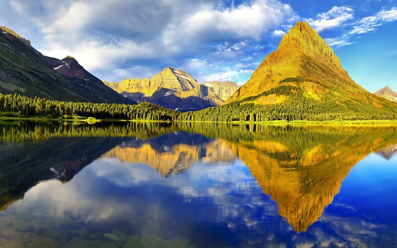 Mountain Range Reflection — Blue, Serene, Morning, Photograph, Lake, Forest, Clouds
