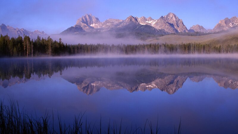 Mountain Range Reflection — Blue, Serene, Morning, Photograph, Lake, Forest, Fog, Green
