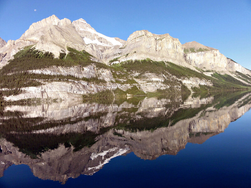 Mountain Range Reflection — Blue, Serene, Morning, Photograph, Lake, Forest, Moon