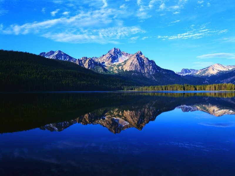 Mountain Range Reflection — Blue, Serene, Morning, Photograph, Lake, Forest, Sky