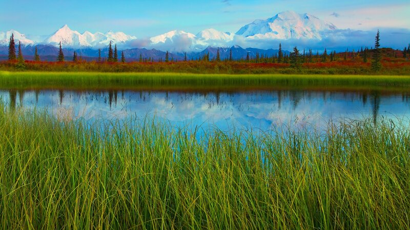 Mountain Range Reflection — Blue, Serene, Morning, Photograph, Lake, Grass