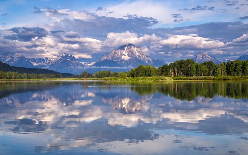 Mountain Range Reflection — Blue, Serene, Morning, Photograph, Lake, Trees, Clouds