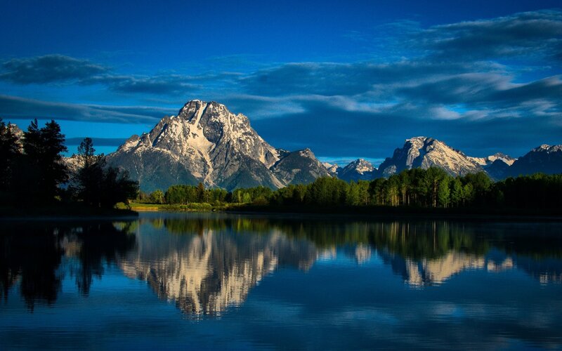 Mountain Range Reflection — Blue, Serene, Morning, Photograph, Lake, Trees, Sky