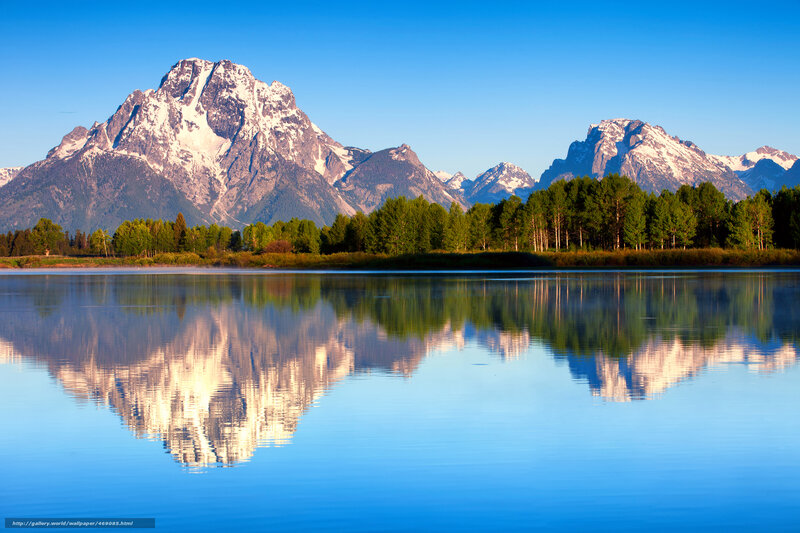 Mountain Range Reflection — Blue, Serene, Morning, Photograph, Lake, Trees, Snow