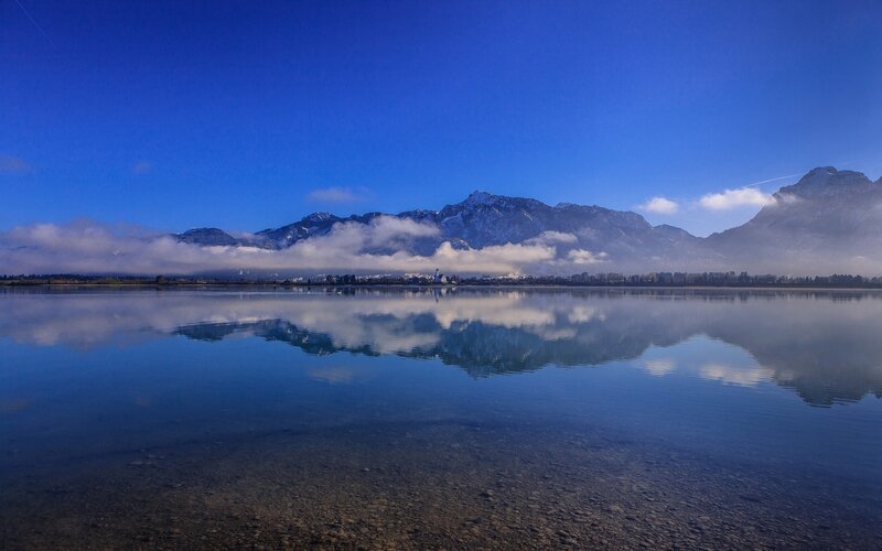 Mountain Range Reflection — Blue, Serene, Morning, Photograph, Mountains, Clouds