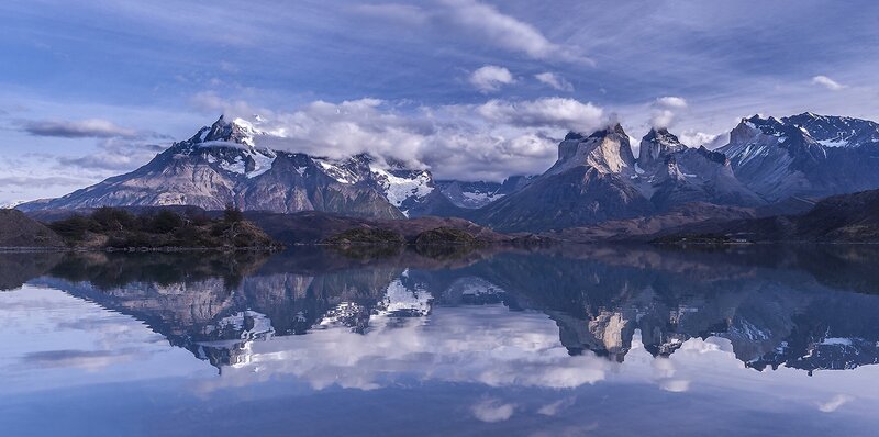 Mountain Range Reflection — Blue, Serene, Morning, Photograph, Mountains, Lake, Clouds