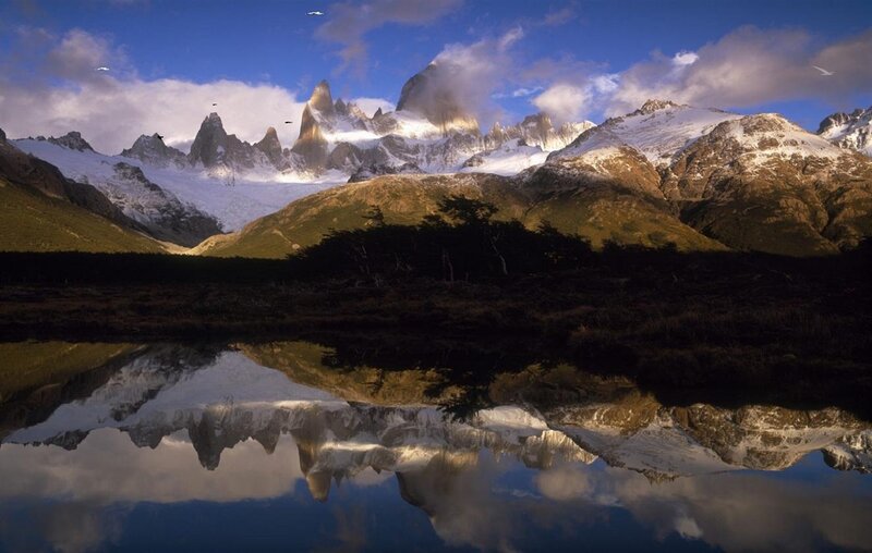 Mountain Range Reflection — Blue, Serene, Morning, Photograph, Mountains, Lake, Clouds, Trees