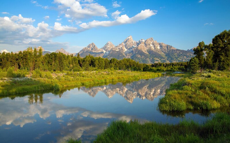 Mountain Range Reflection — Blue, Serene, Morning, Photograph, River, Trees, Clouds