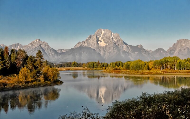 Mountain Range Reflection — Blue, Serene, Morning, Photograph, River, Trees