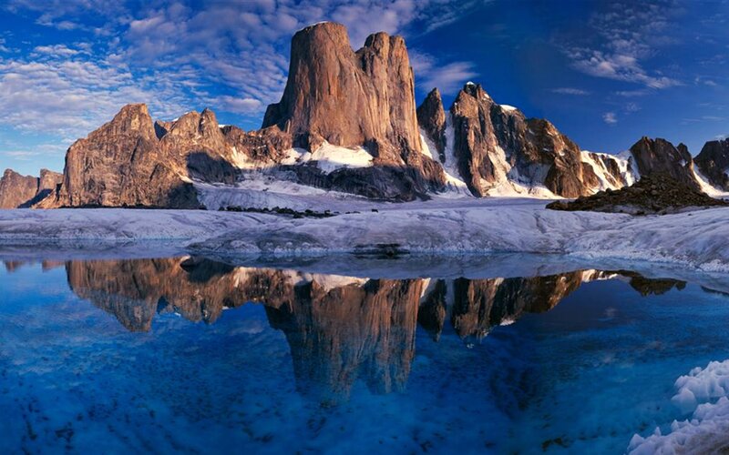Mountain Range Reflection — Blue, Serene, Morning, Photograph, Snow