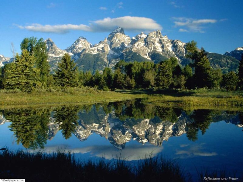 Mountain Range Reflection — Blue, Serene, Morning, Photograph, Trees, Lake, Clouds, Green, White