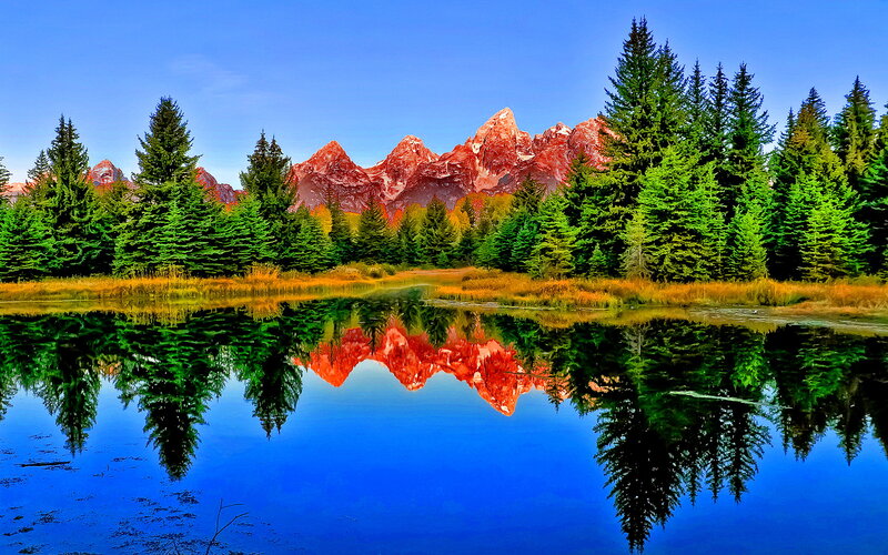 Mountain Range Reflection — Blue, Serene, Morning, Photograph, Trees, Lake, Mountains