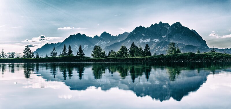 Mountain Range Reflection — Blue, Serene, Morning, Photograph, Trees, Lake, Sky