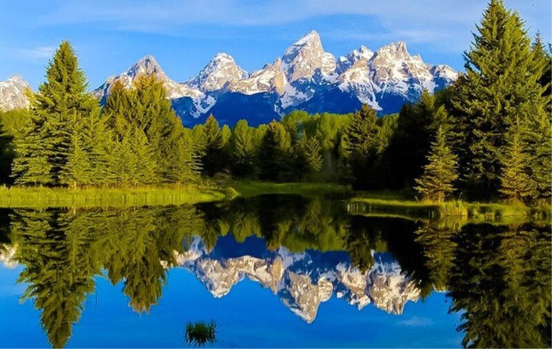 Mountain Range Reflection — Blue, Serene, Morning, Photograph, Trees, Lake, Snow-capped Peaks