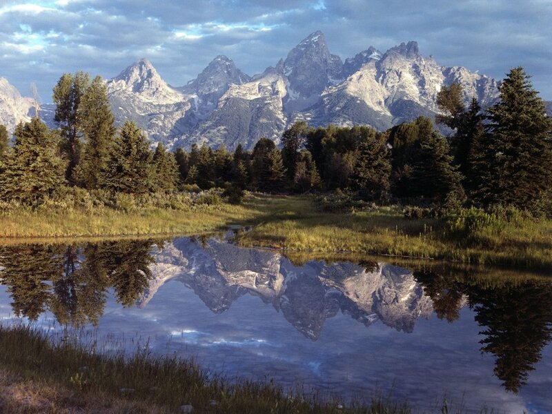 Mountain Range Reflection — Blue, Serene, Morning, Photograph, Trees, Pond