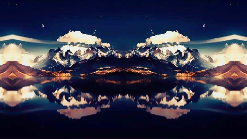 Mountain Range Reflection — Blue, Serene, Night, Digital Art, Clouds