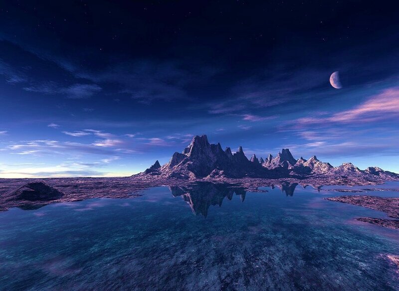 Mountain Range Reflection — Blue, Serene, Night, Digital Art, Moon, Sky