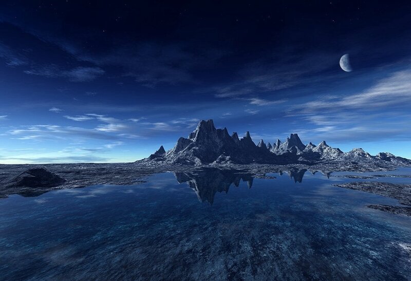 Mountain Range Reflection — Blue, Serene, Night, Digital Art