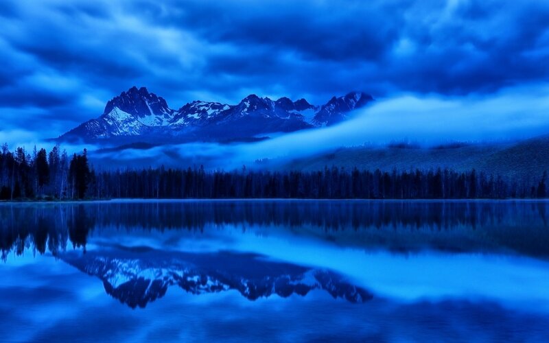 Mountain Range Reflection — Blue, Serene, Night, Photograph, Lake, Forest, Clouds