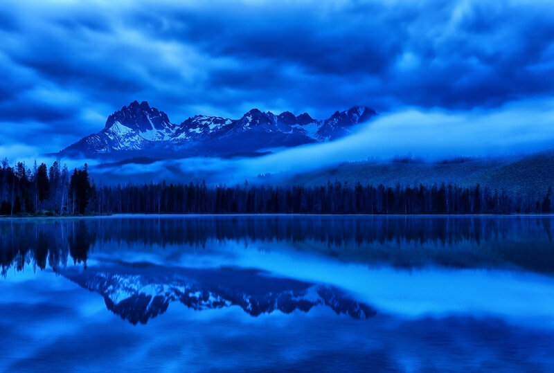 Mountain Range Reflection — Blue, Serene, Night, Photograph, Lake, Forest