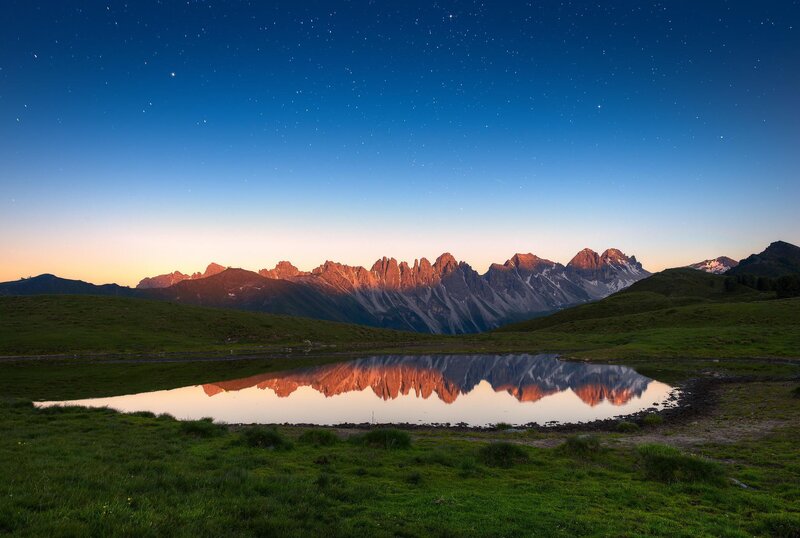 Mountain Range Reflection — Blue, Serene, Night, Photograph, Lake, Stars, Grass