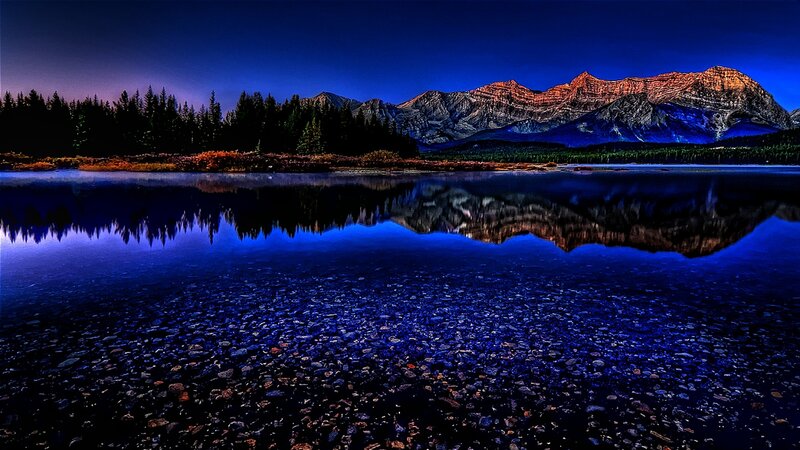 Mountain Range Reflection — Blue, Serene, Night, Photograph, Lake