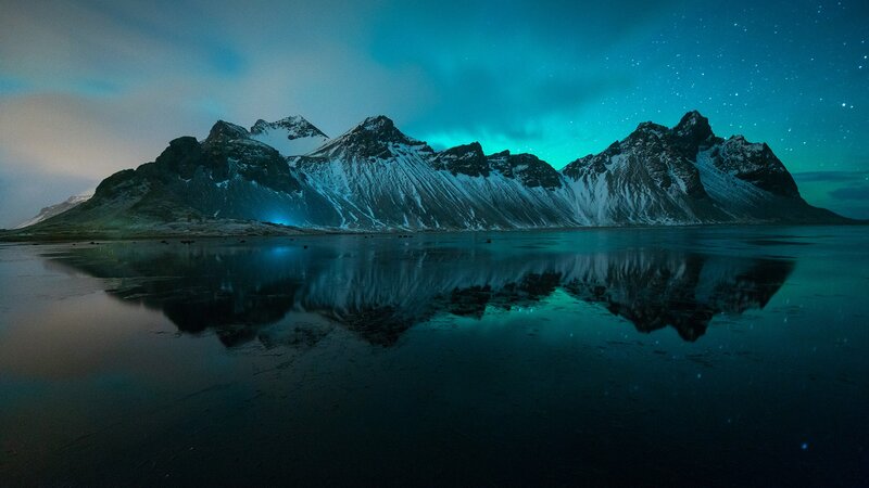 Mountain Range Reflection — Blue, Serene, Night, Photograph, Mountains