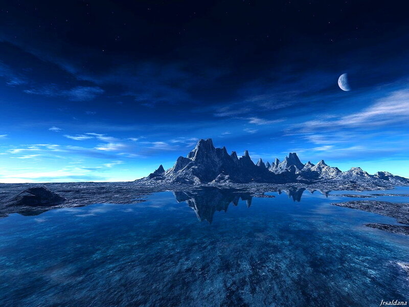 Mountain Range Reflection — Blue, Serene, Night