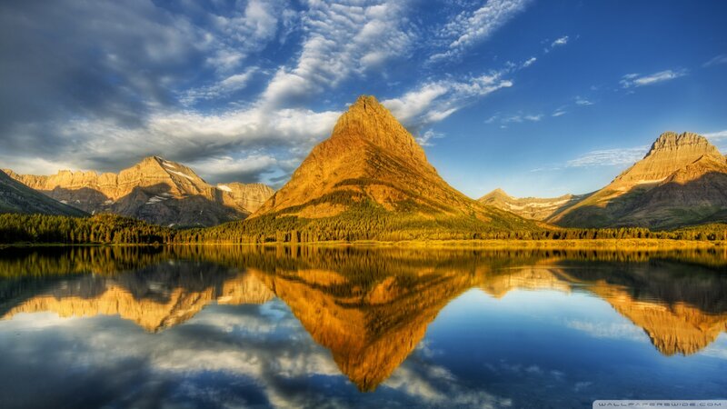 Mountain Range Reflection — Blue, Serene, Sunrise, Photograph, Lake, Clouds, Forest