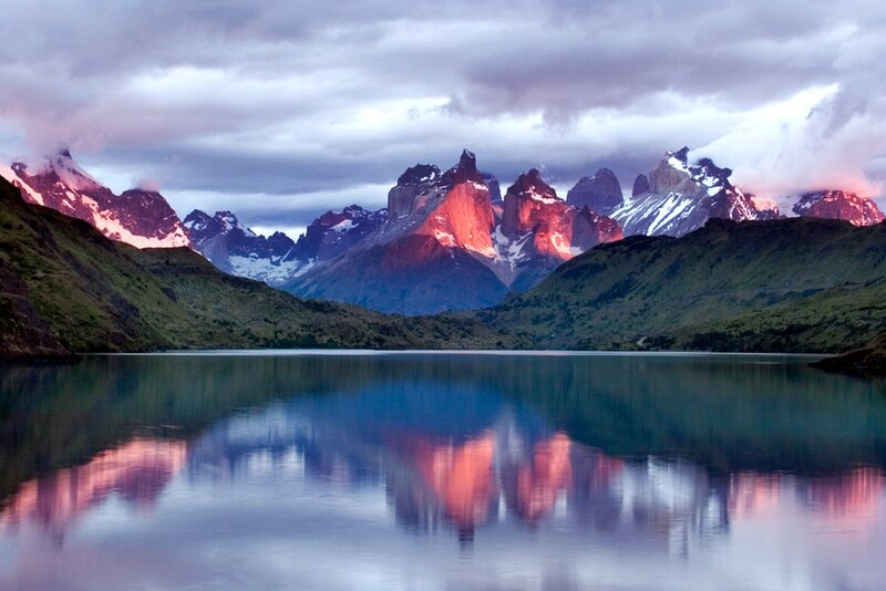 Mountain Range Reflection — Blue, Serene, Sunrise, Photograph, Lake, Clouds, Snow