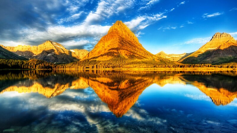 Mountain Range Reflection — Blue, Serene, Sunrise, Photograph, Lake, Clouds