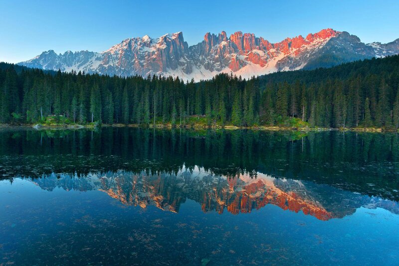 Mountain Range Reflection — Blue, Serene, Sunrise, Photograph, Lake, Forest, Snow