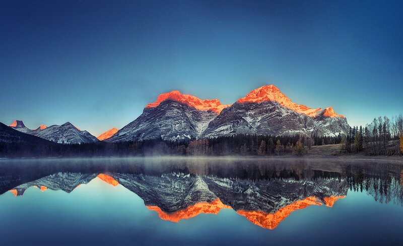 Mountain Range Reflection — Blue, Serene, Sunrise, Photograph, Lake, Forest