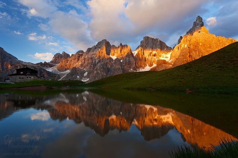 Mountain Range Reflection — Blue, Serene, Sunrise, Photograph, Lake, Hut