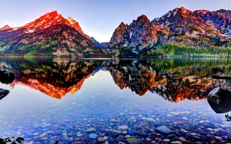 Mountain Range Reflection — Blue, Serene, Sunrise, Photograph, Lake, Rocks