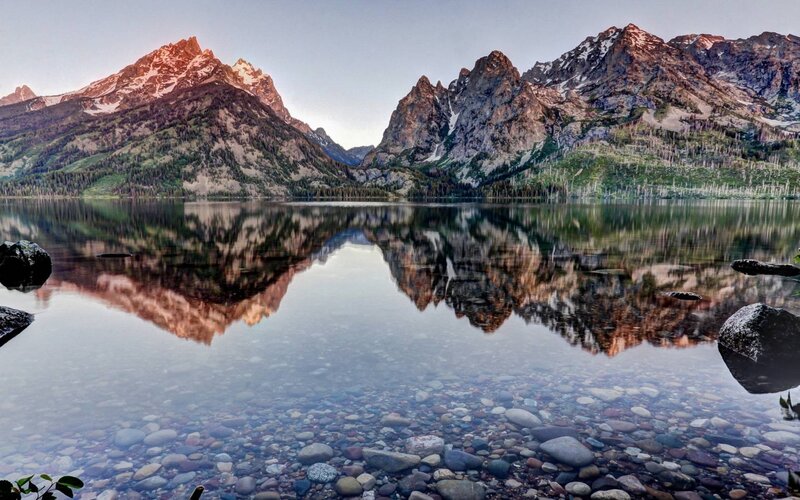 Mountain Range Reflection — Blue, Serene, Sunrise, Photograph, Lake, Rocks, Trees