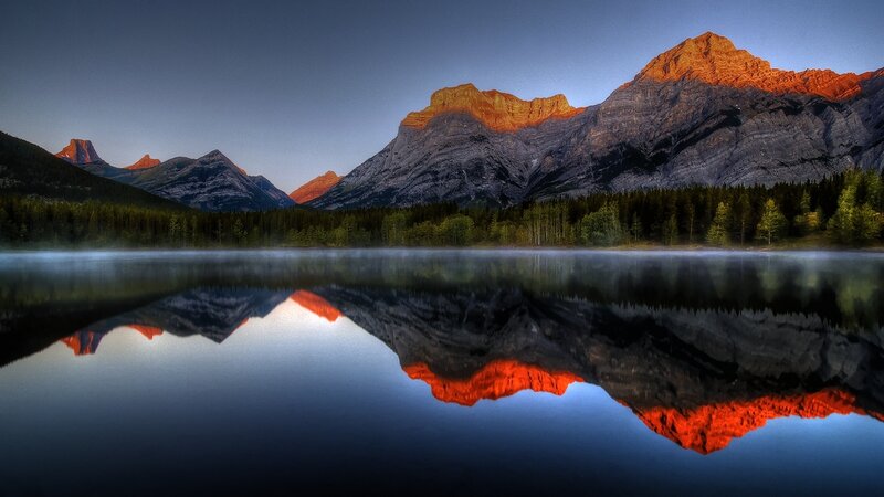 Mountain Range Reflection — Blue, Serene, Sunrise, Photograph, Lake