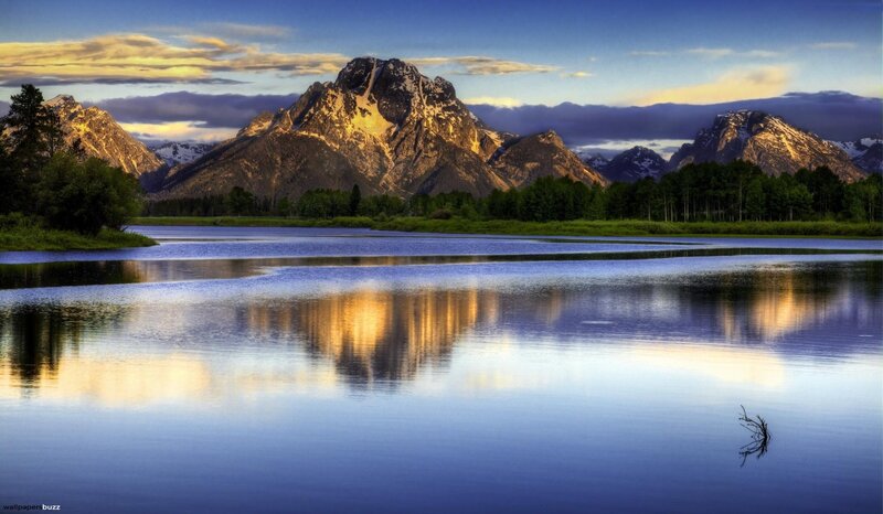 Mountain Range Reflection — Blue, Serene, Sunrise, Photograph, Lake, Trees, Clouds