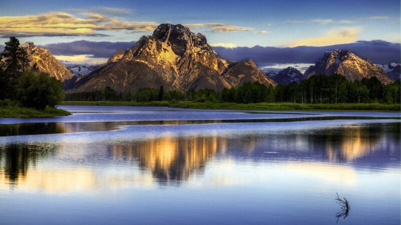 Mountain Range Reflection — Blue, Serene, Sunrise, Photograph, Lake, Trees