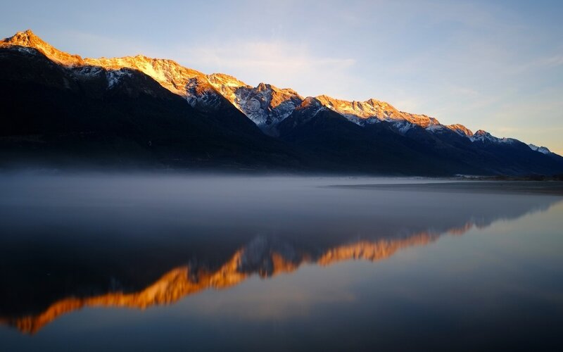 Mountain Range Reflection — Blue, Serene, Sunrise, Photograph, Mountains, Lake